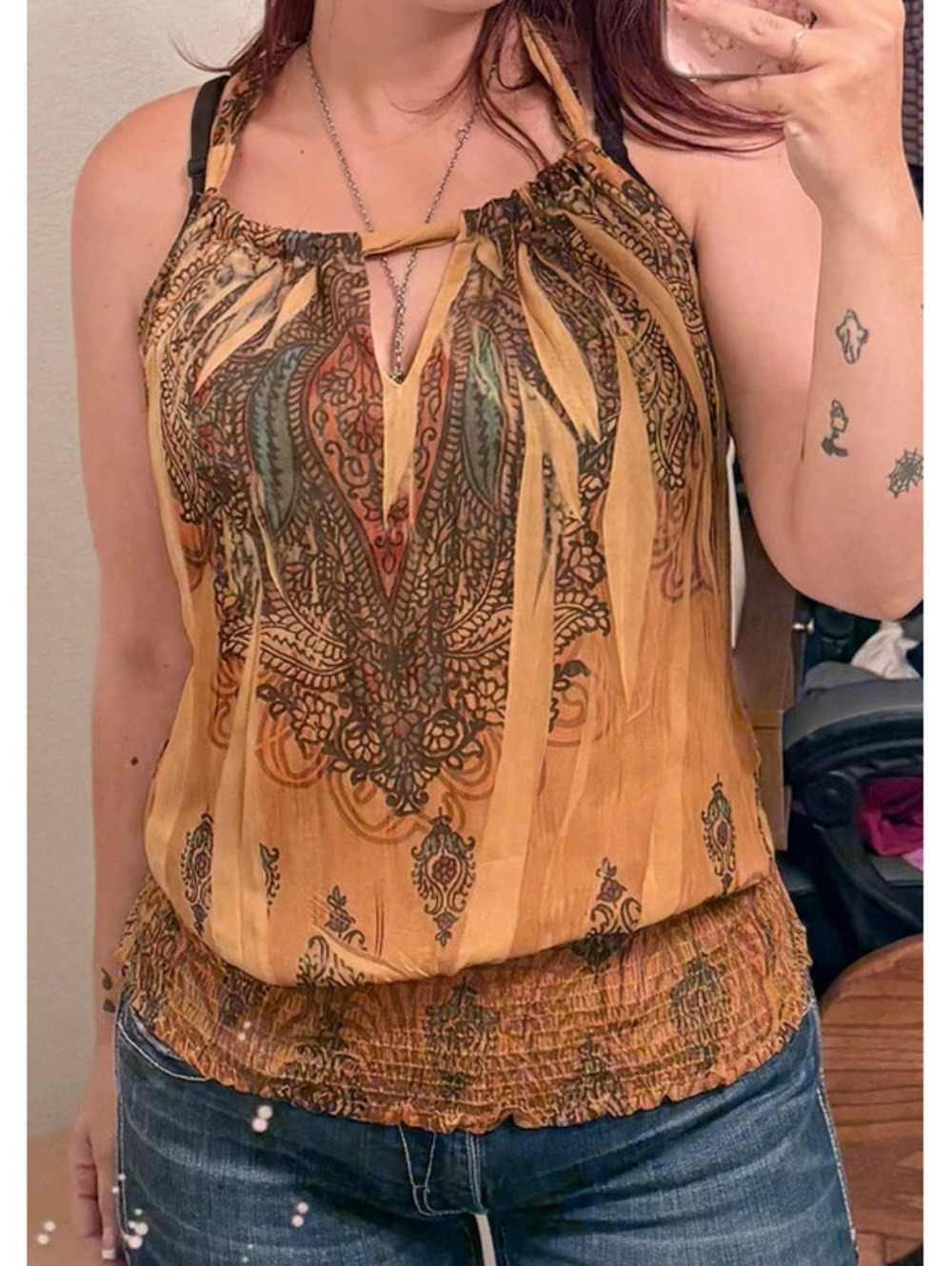yellow multicolored halter style tuscan Y2K fitted tank with keyhole